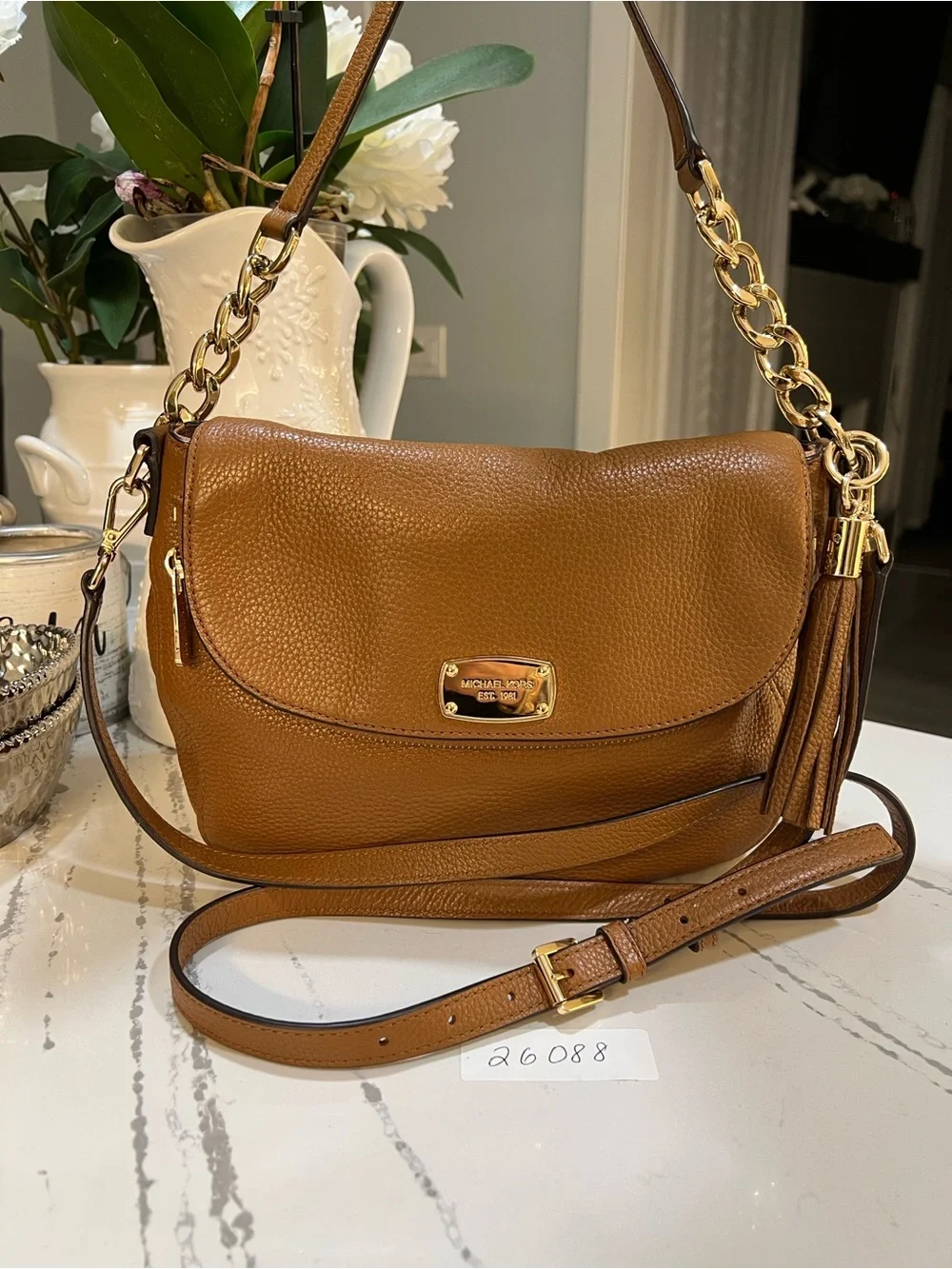Michael Kors Bedford Brown Pebbled Leather Shoulder Bag with Tassel